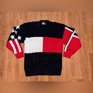 Vintage 90s Cable Knit Tommy Hilfiger American/British Flag Sleeved Sweater XL